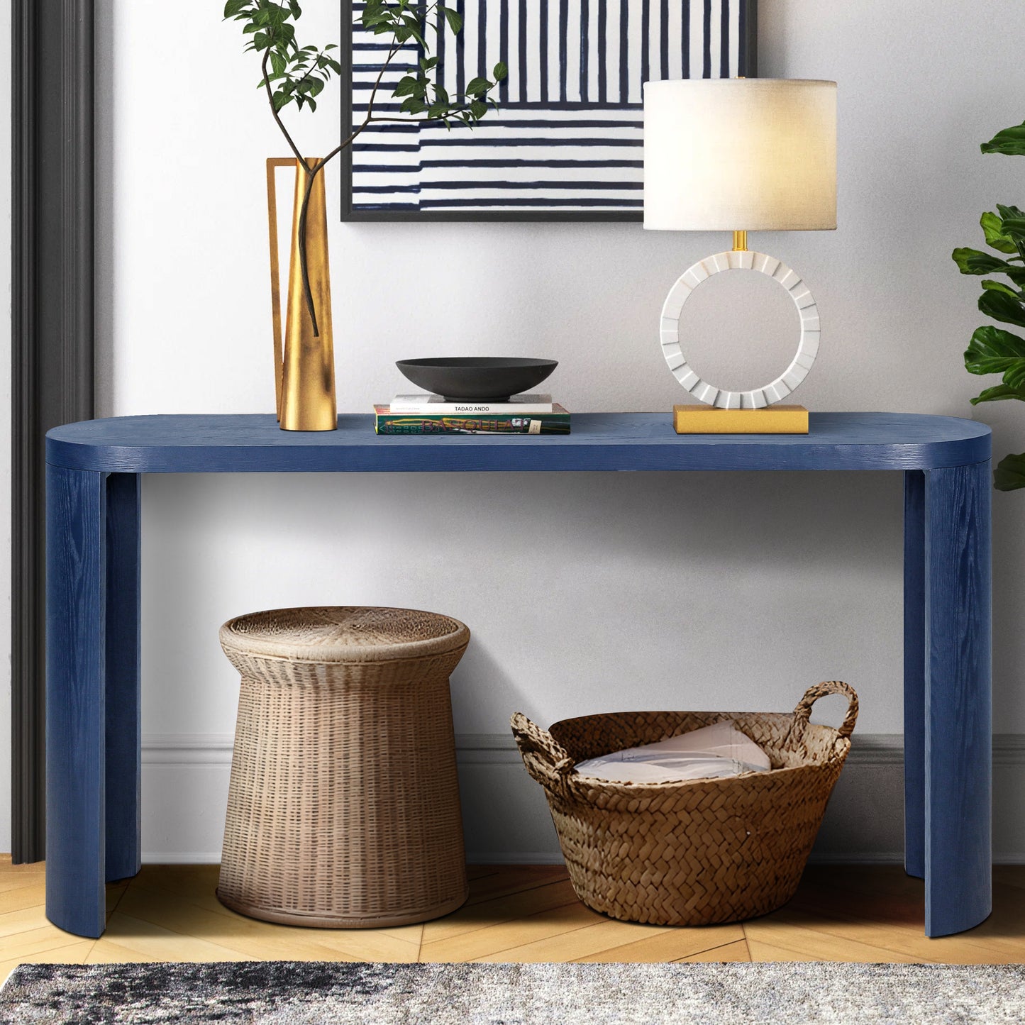 Delfina 60" Wooden Console Table with Curved Legs, Navy Blue