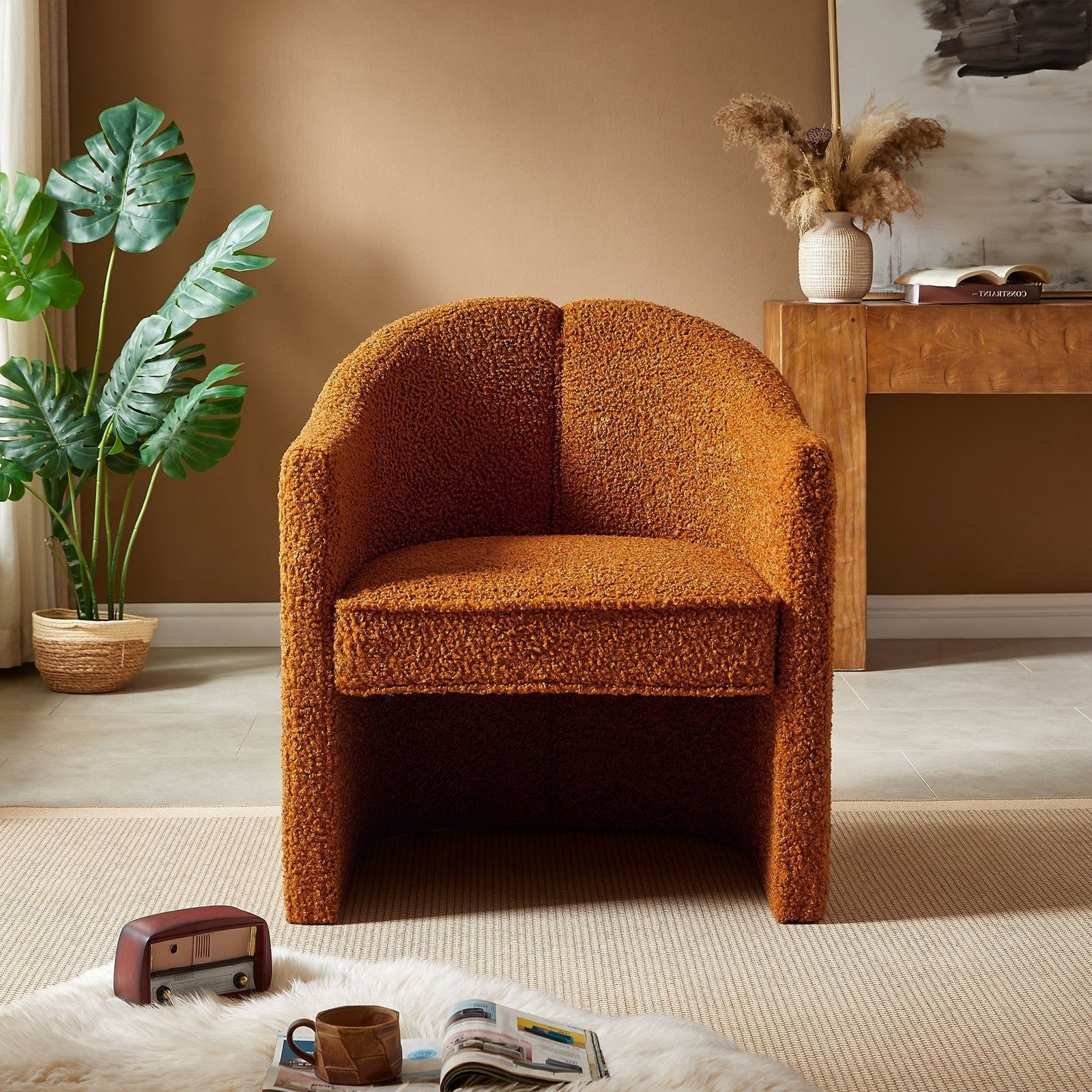 Soren Modern Curved Boucle Accent Chair, Caramel