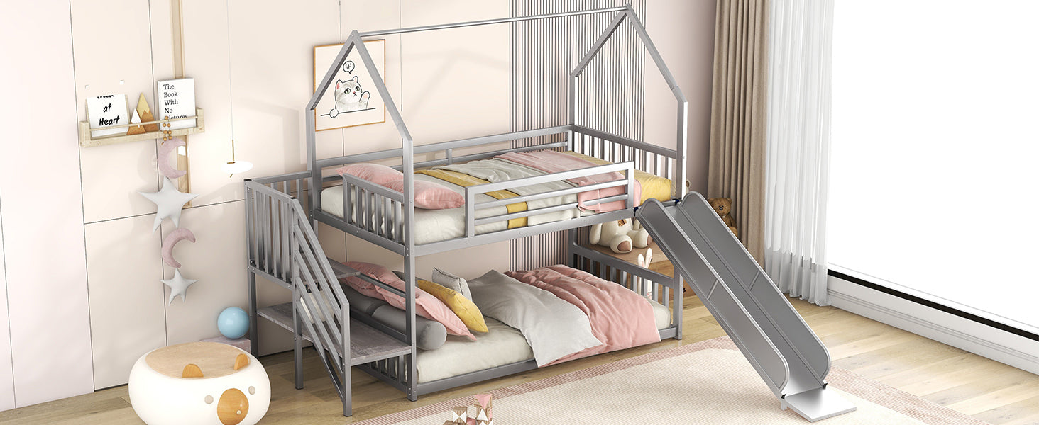 Daniel Twin over Twin Metal Bunk Bed House Bed with Slide and Staircase, Silver