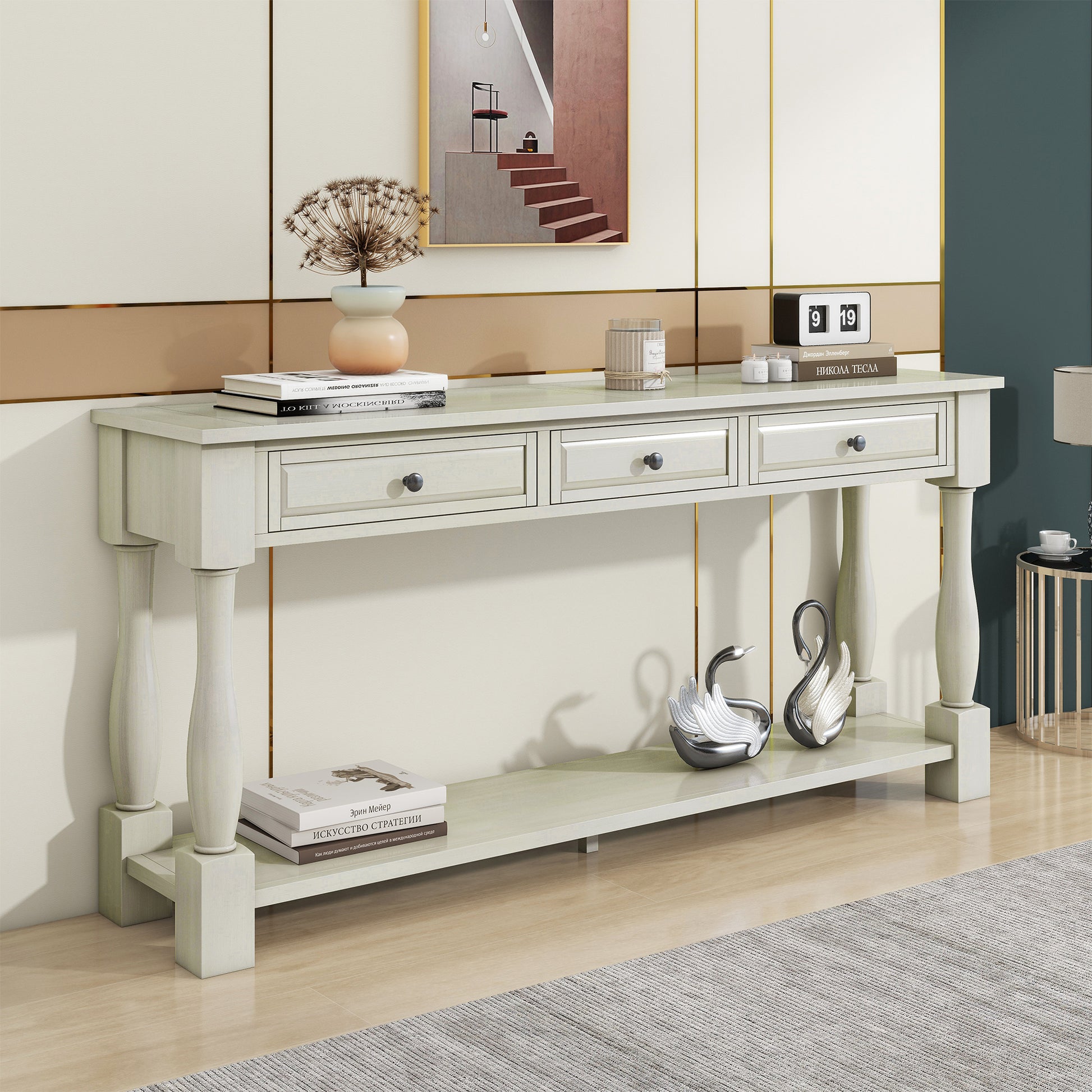 Xyla 63" Traditional 3-Drawer Console Table with Lower Shelf, White