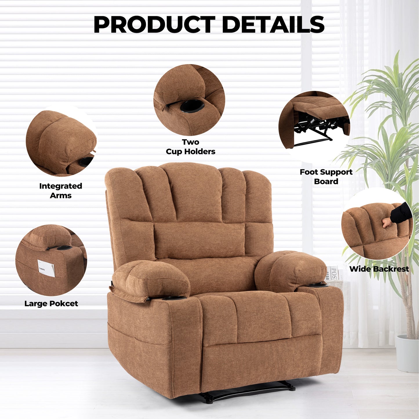 Trinny Chenille Recliner with Heat & Massage, Brown