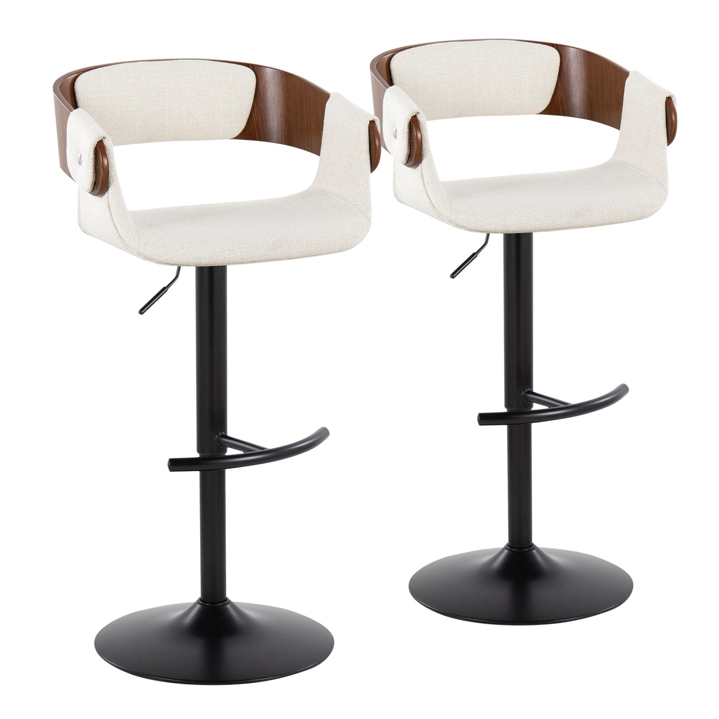 Elisa Mid-Century Modern Adjustable Barstool with Swivel, Walnut & Cream Set of 2