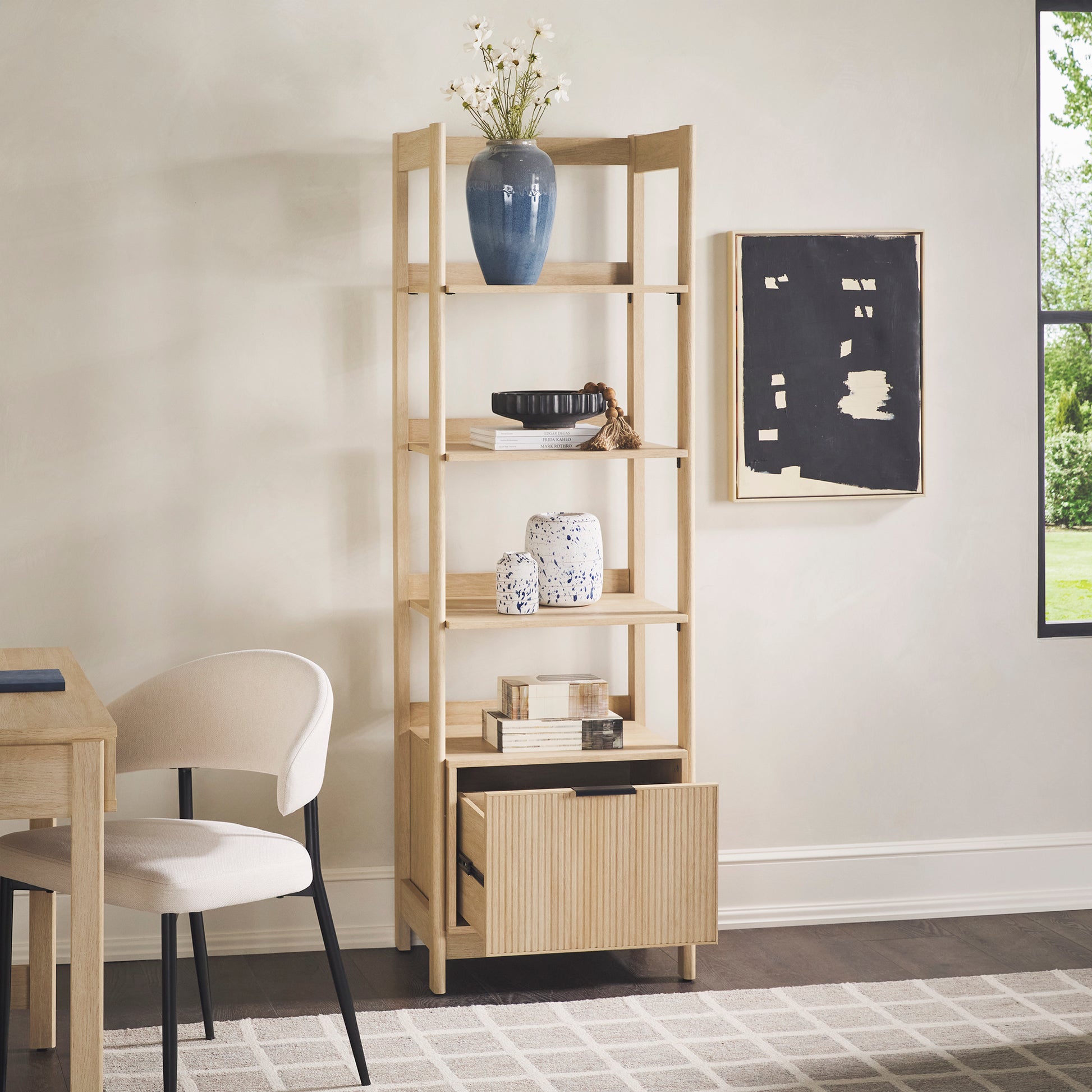 Transitional Narrow Bookshelf with Drawer on Bottom - Oak