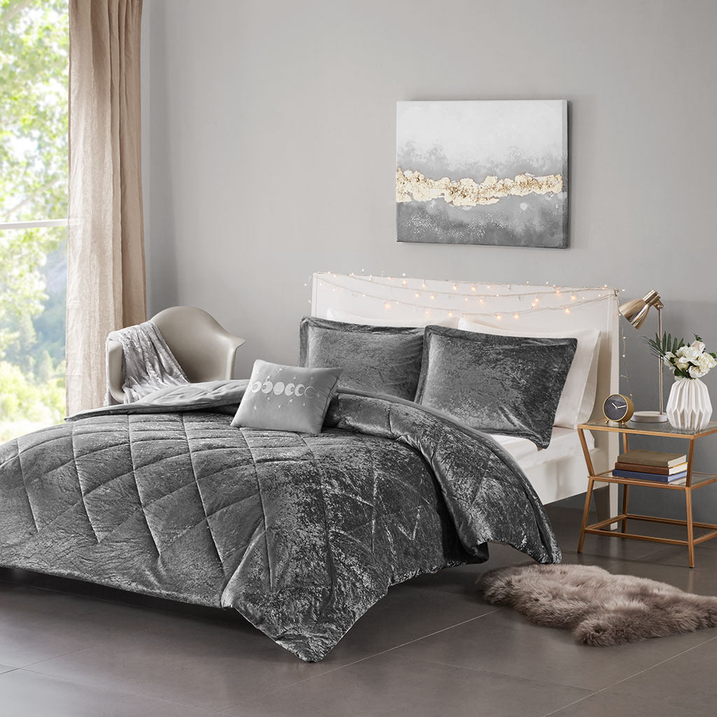 Gray Velvet Comforter Set with Throw Pillow