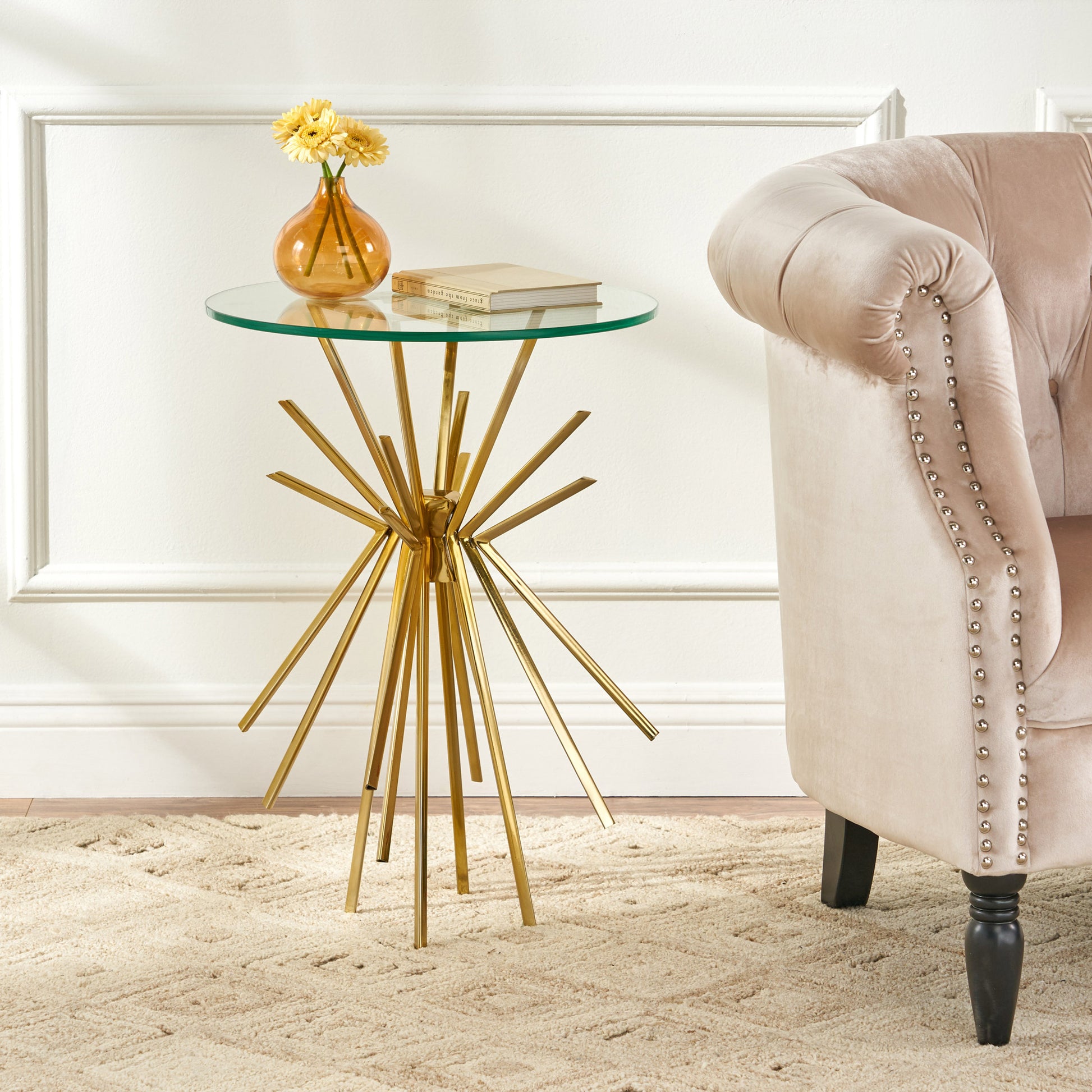 Willow Golden Sunburst Side Table with Glass Top