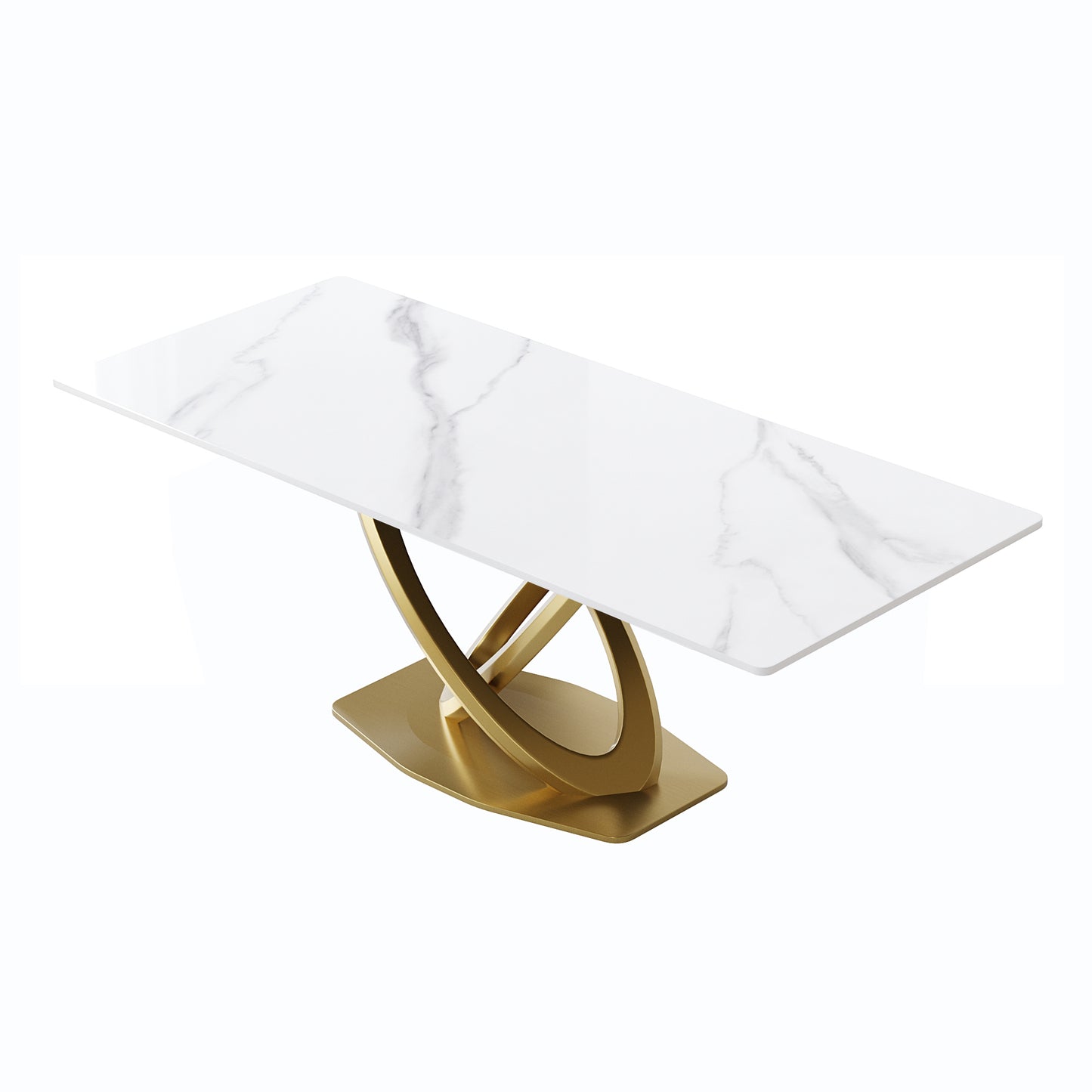 Seren 78.8" Contemporary Sintered Stone Double Ring Dining Table, White & Gold