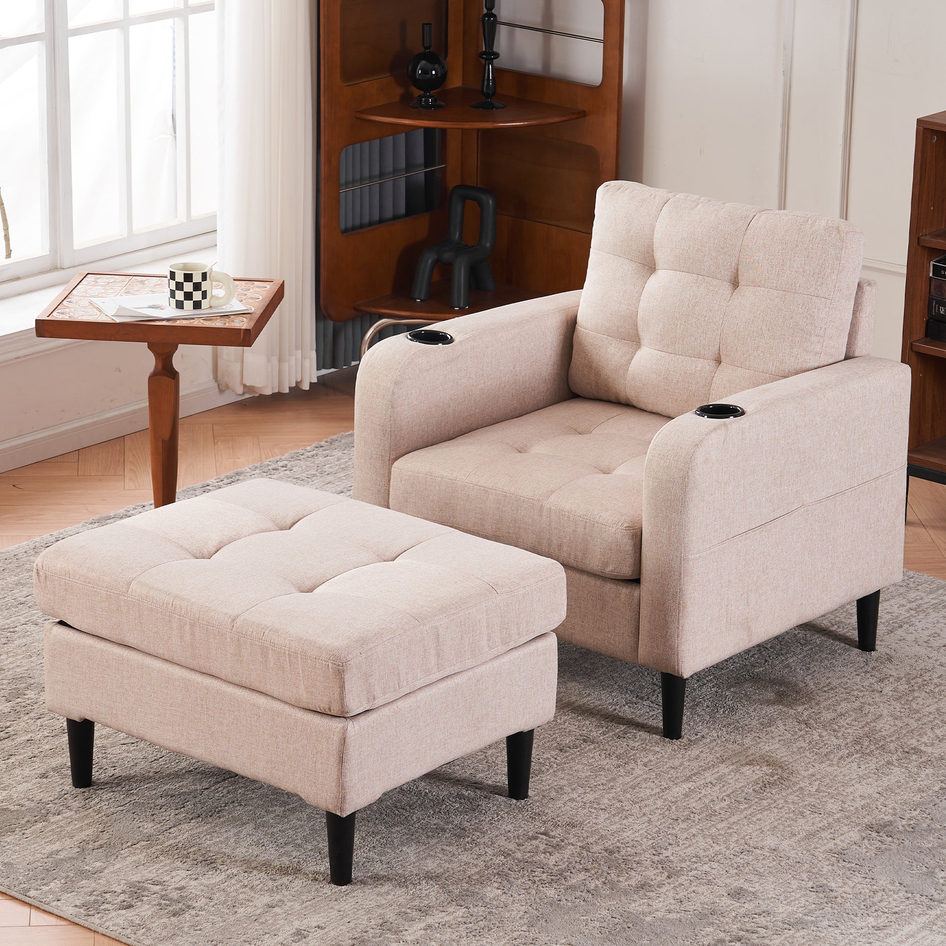 Xanthea Modern Tufted Chair & Storage Ottoman Set, Beige