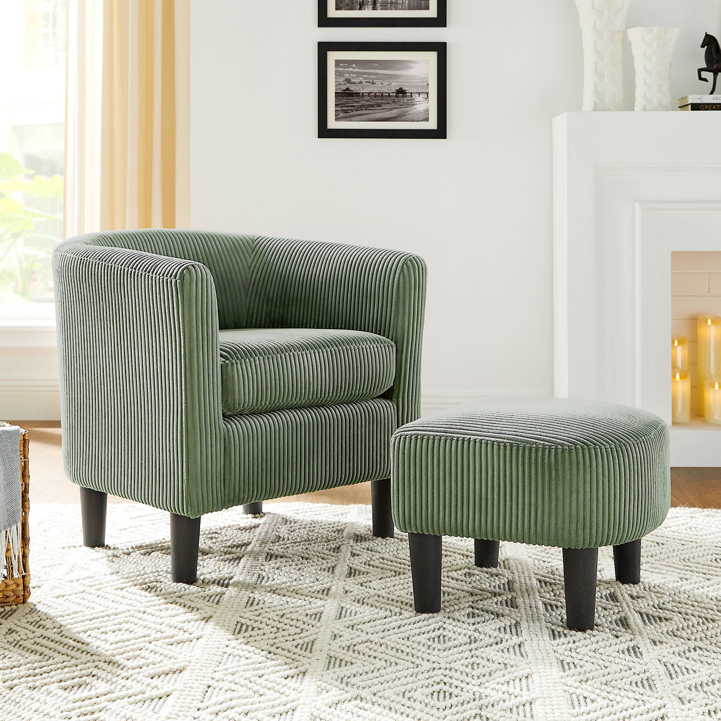 Xara Modern Corduroy Upholstered Chair & Ottoman Set, Green