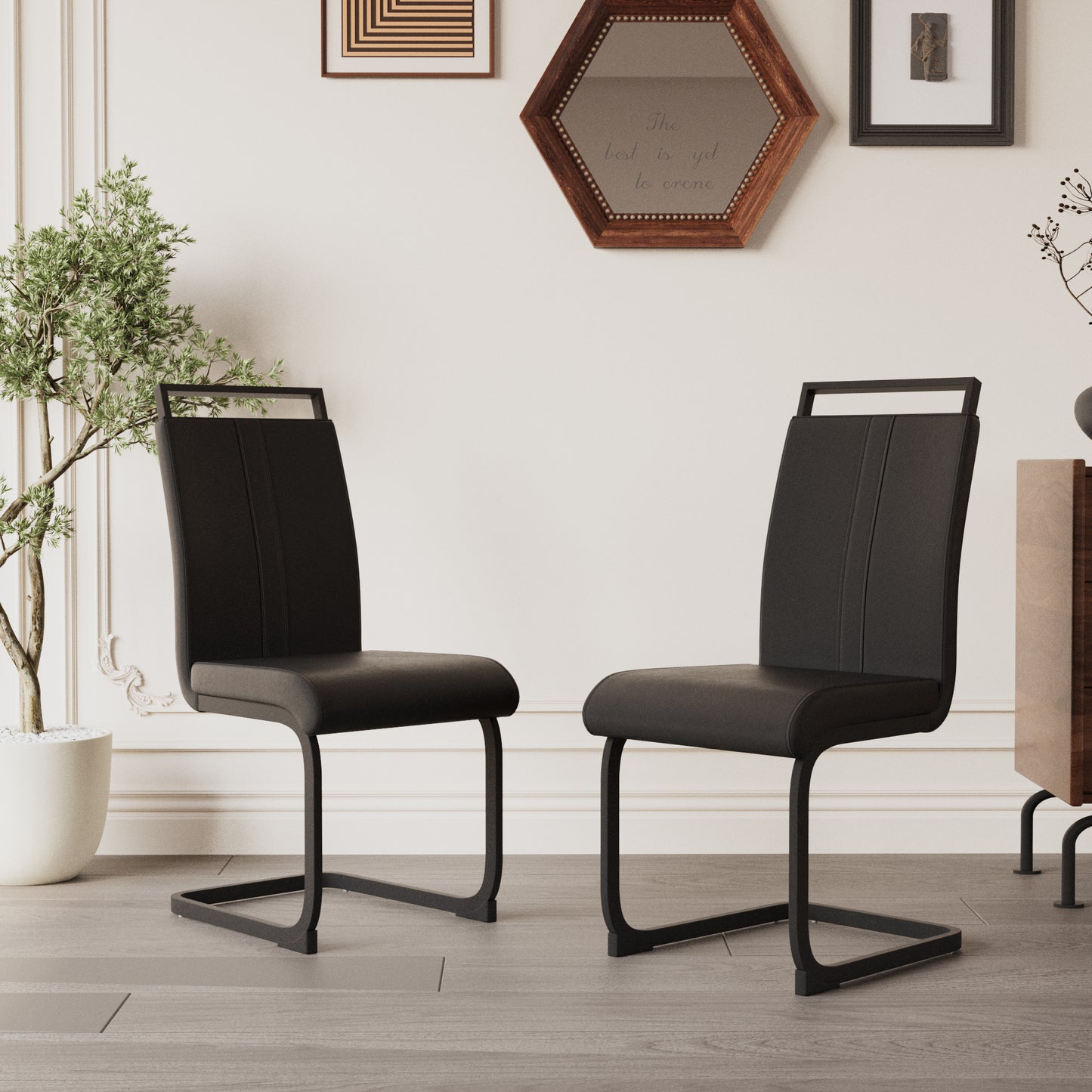 Astrid Modern PU Leather Side Chairs with Black Legs Set of 2 , Black