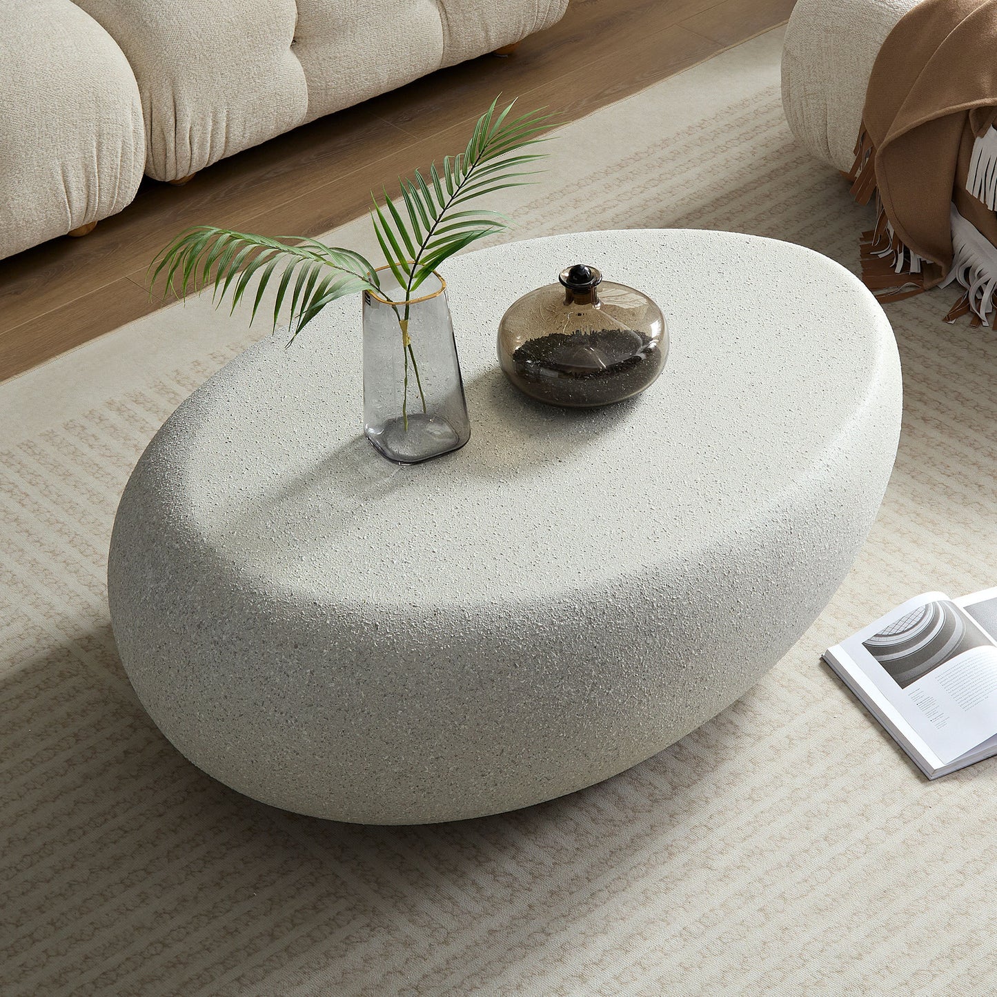 Runa Modern Elliptical Fiberglass Coffee Table, Beige