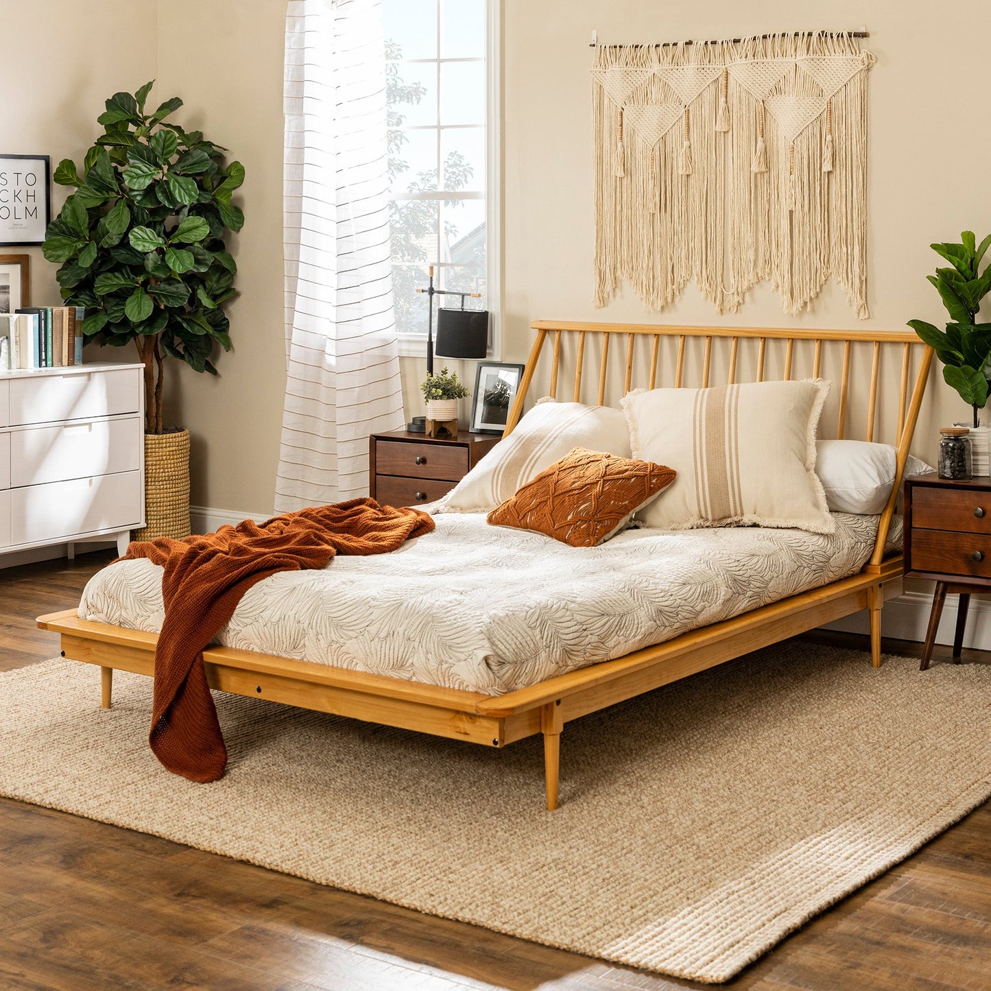 Morgan Mid-Century Modern Solid Wood Queen Platform Bed Frame with Spindle Headboard - Light Oak