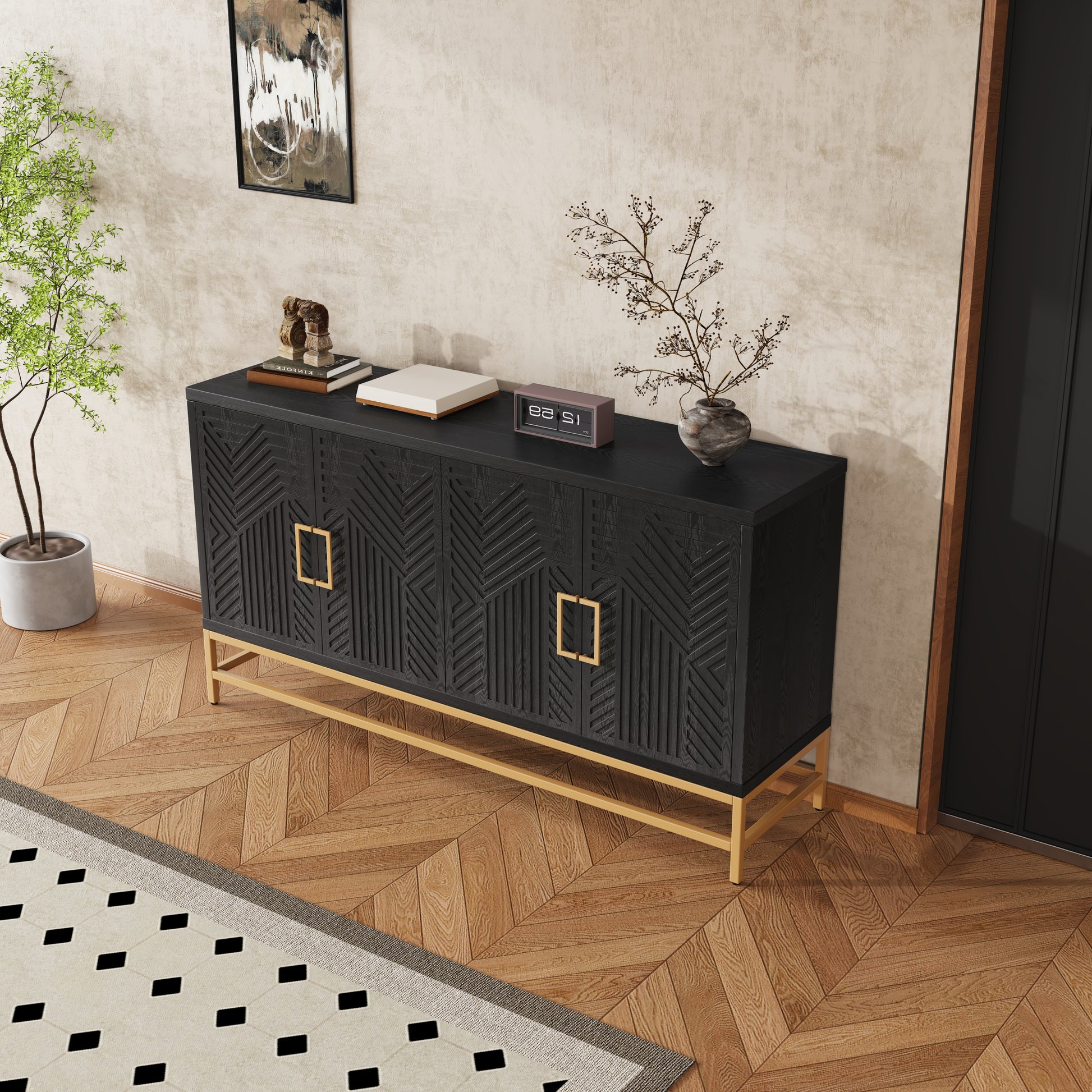 Nixie Mid-Century Modern Cabinet with Gold Legs, Black