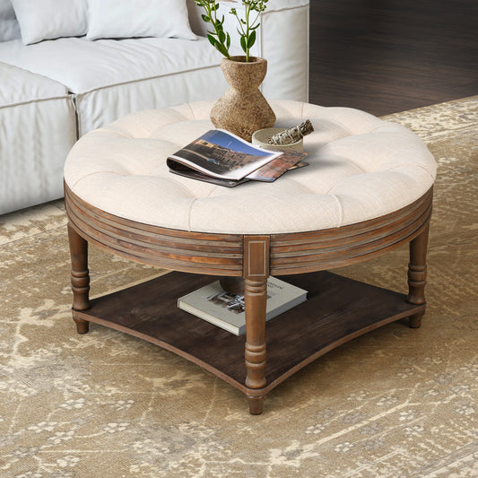 Hartford Large Round 2-Tier Ottoman Coffee Table with Tufted Linen Top