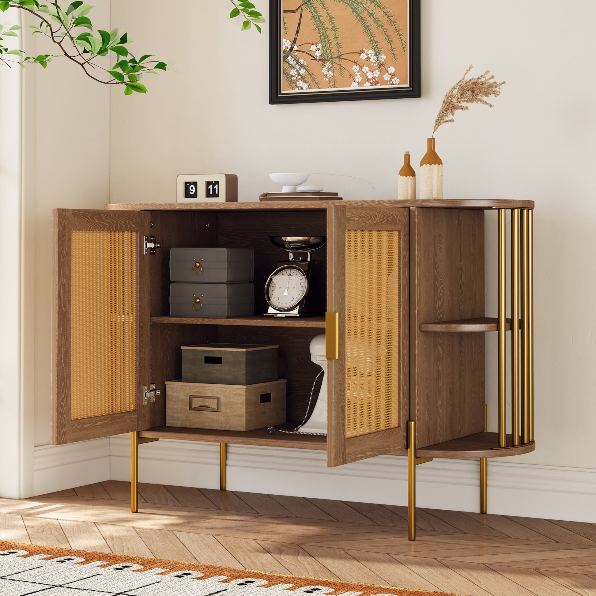 Dinara Elegant Curved Cabinet with Gold Trim & Rattan Doors, Natural