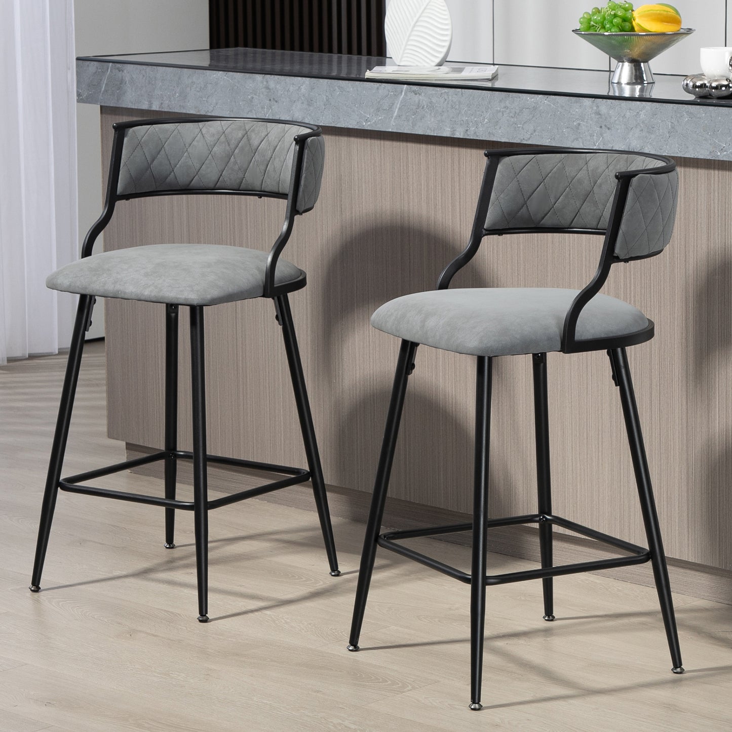 Contemporary 26'' Grey Faux Leather Counter Height Bar Stools with Black Powder-Coated Base and Footrest Set of 2 Grey