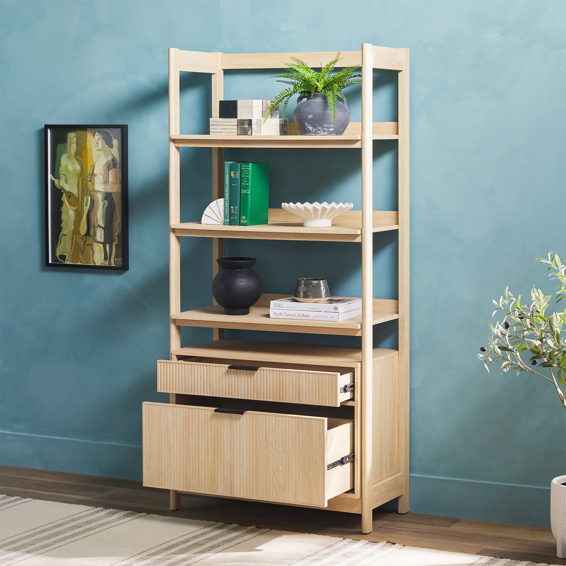 Transitional Wide Reeded Bookshelf with Drawers on Bottom - Oak