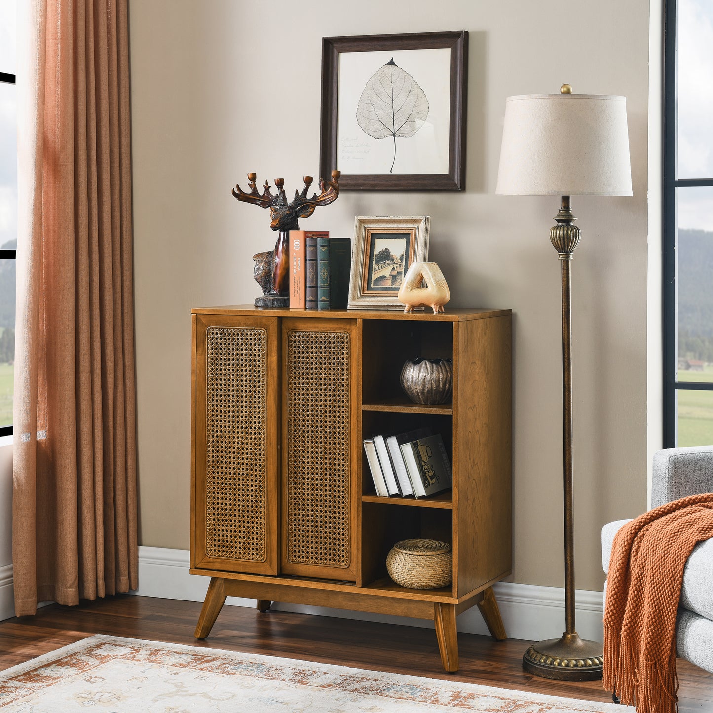 Margot Mid-Century Modern Cabinet in Walnut with Rattan Doors