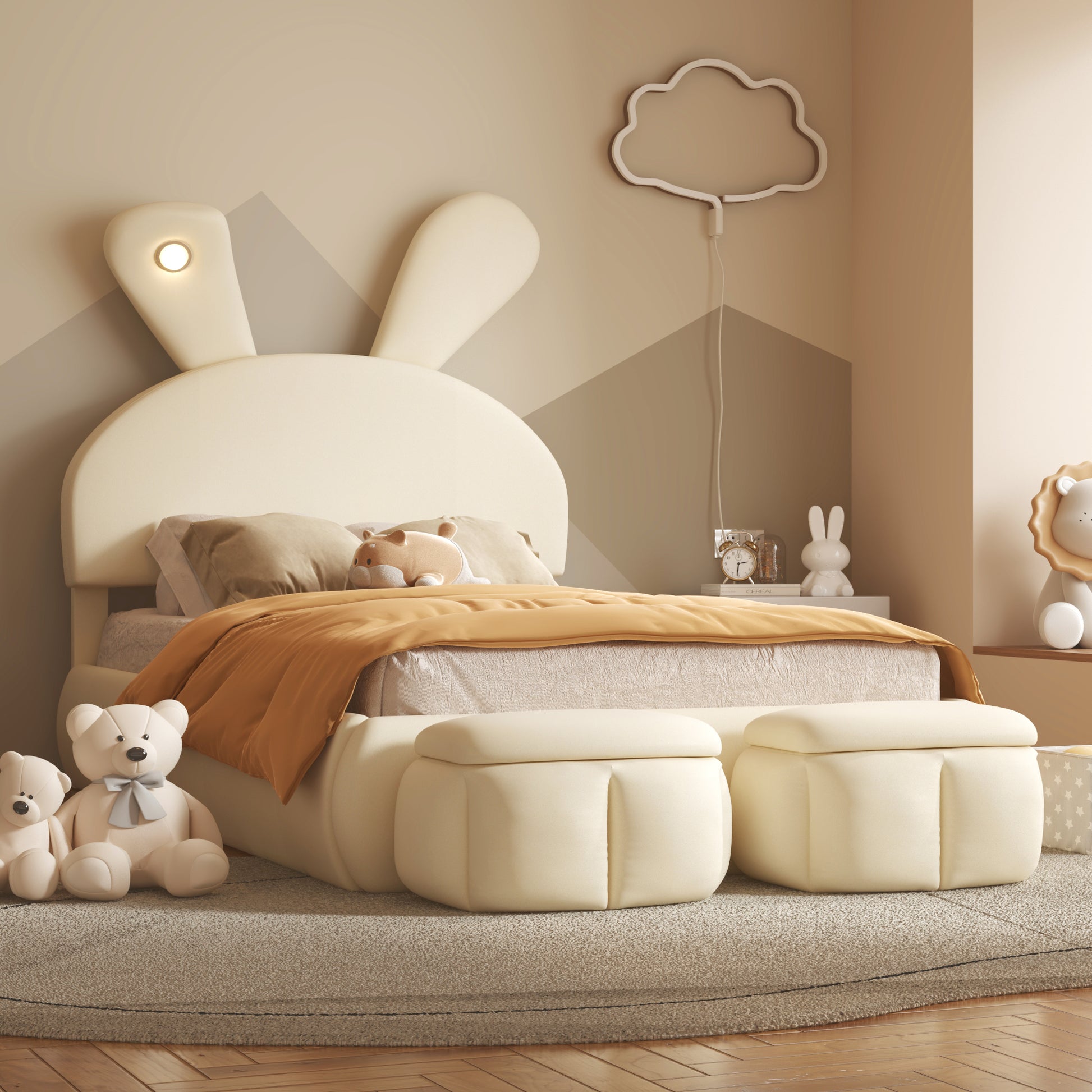 Tomo Twin Size Upholstered Platform Bed with Cartoon Ears Shaped Headboard and Light, Beige