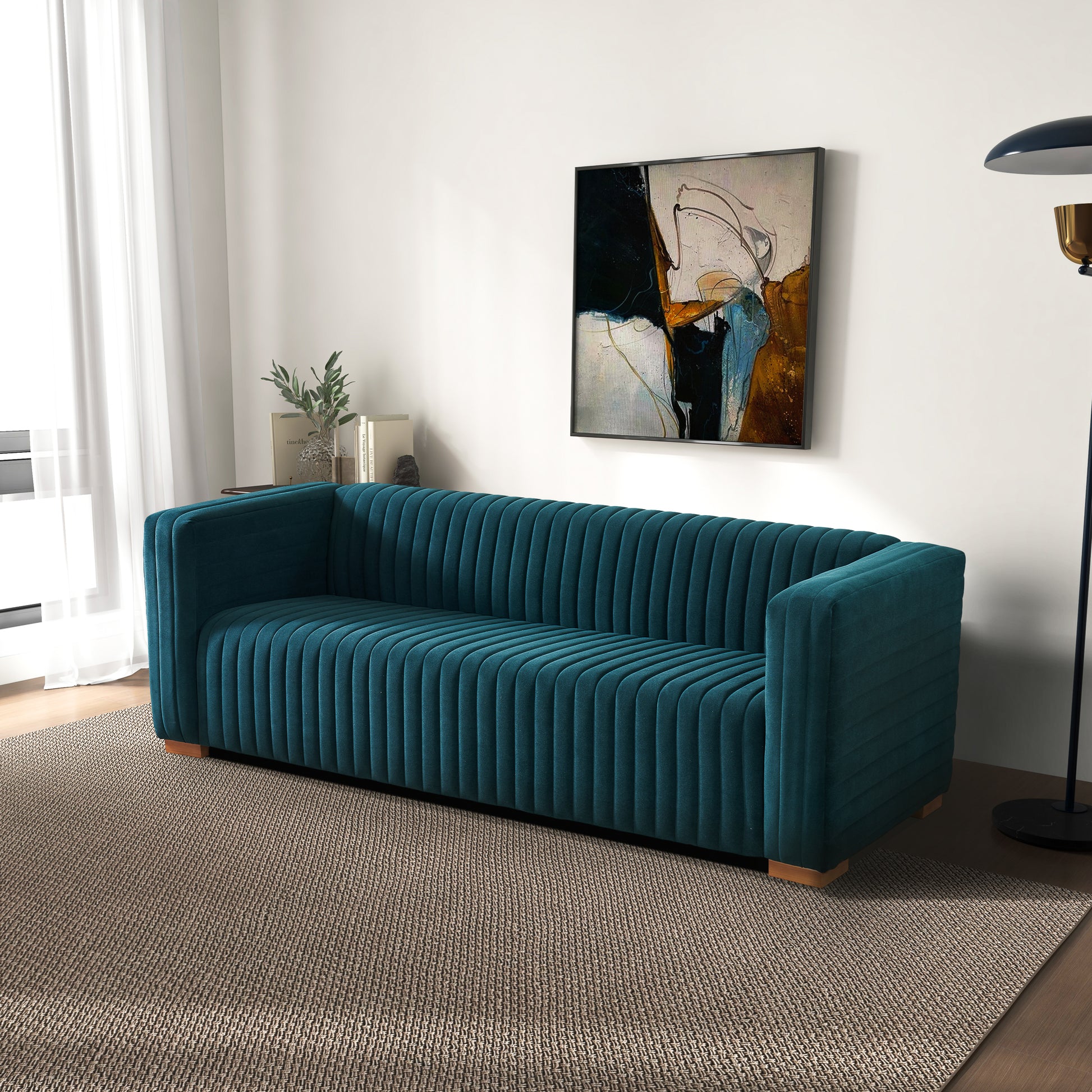 Elara Modern Channel Tufted Velvet Sofa, Blue