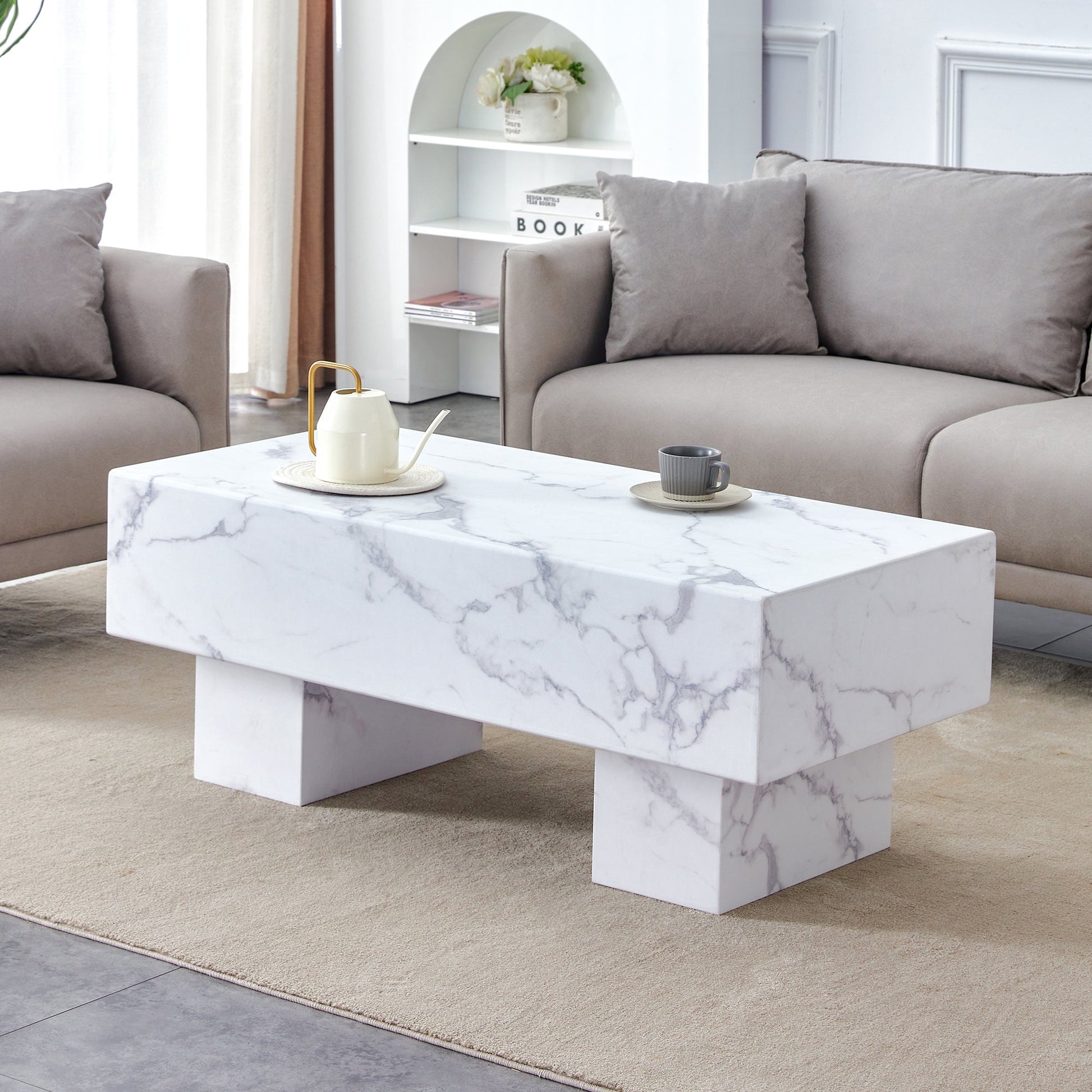 Darth Contemporary Faux Marble Coffee Table in White & Gray