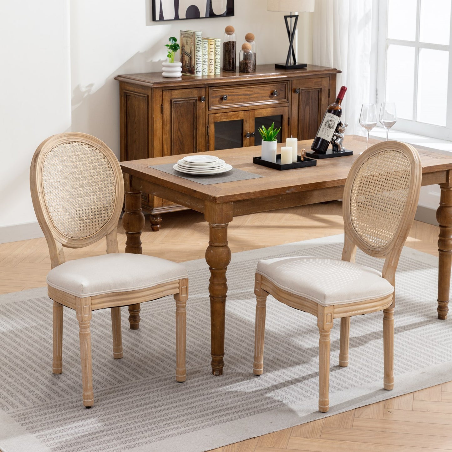 Ruby Solid Wood Oval Rattan Back Chairs with Linen Upholstered Seat Set of 2 Beige