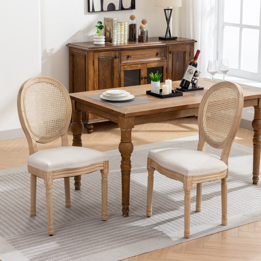 Ruby Solid Wood Oval Rattan Back Chairs with Linen Upholstered Seat Set of 2 Beige