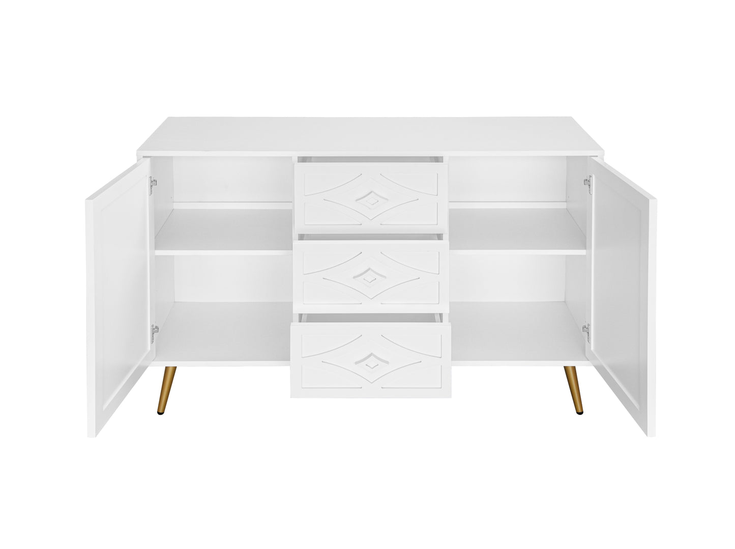 Ellery Diamond Carved Wooden Cabinet with Gold Legs, White