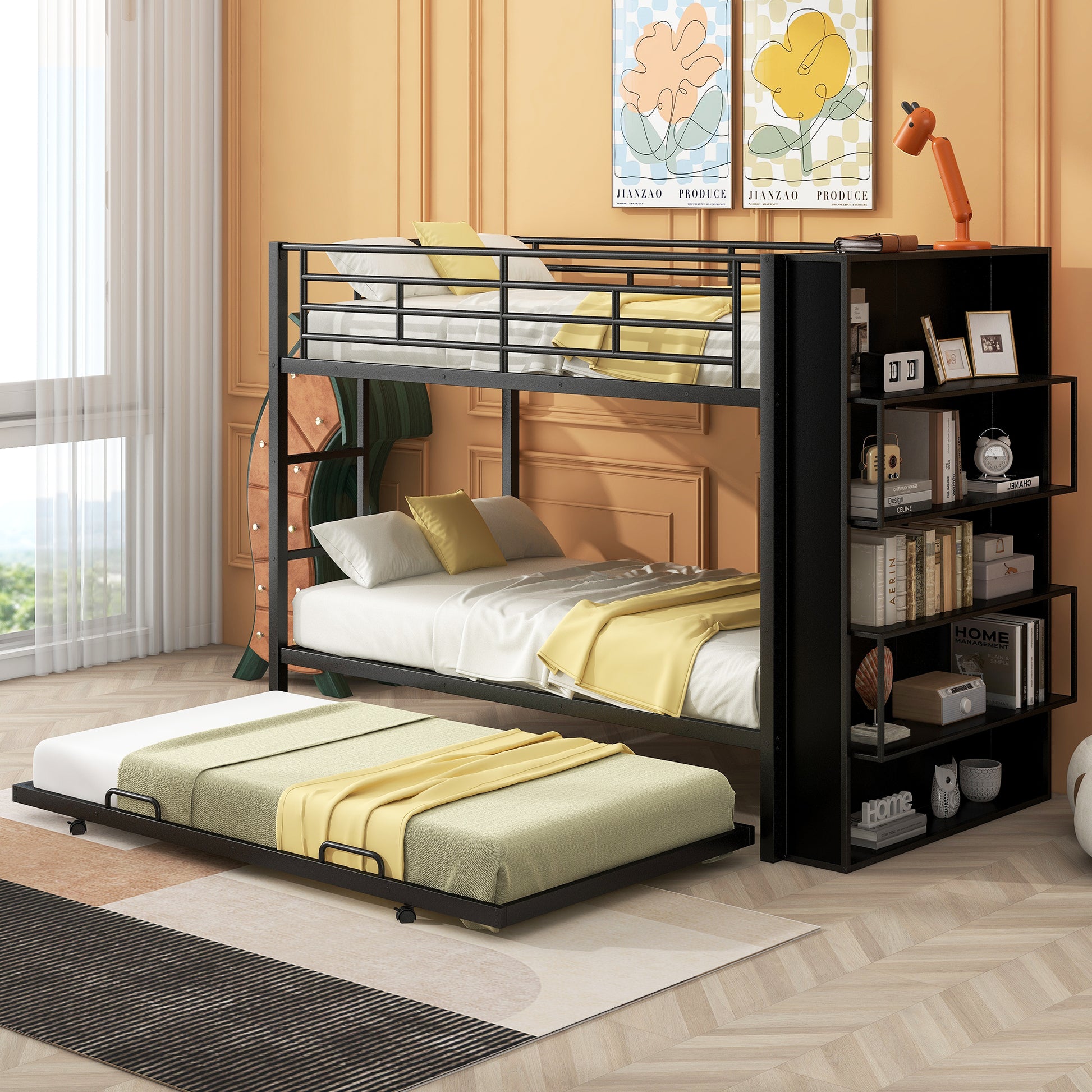 Lauren Twin Bunk Bed with Trundle & Bookcase, Black