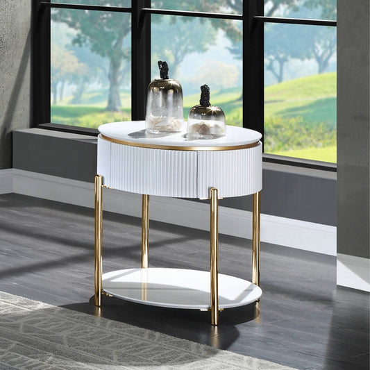 White High Gloss and Gold End Table with Metal Leg