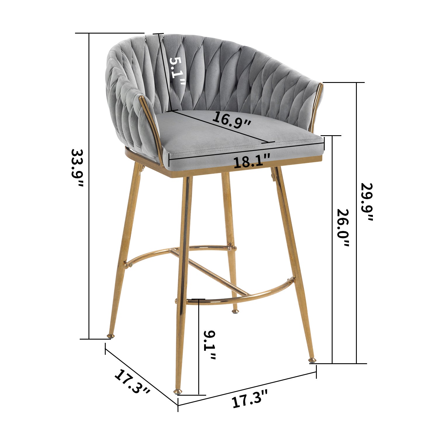 Elegant Velvet 26'' Counter Height Bar Stool with Hand-Wave Back and Golden Chrome Base Set of 2 Grey