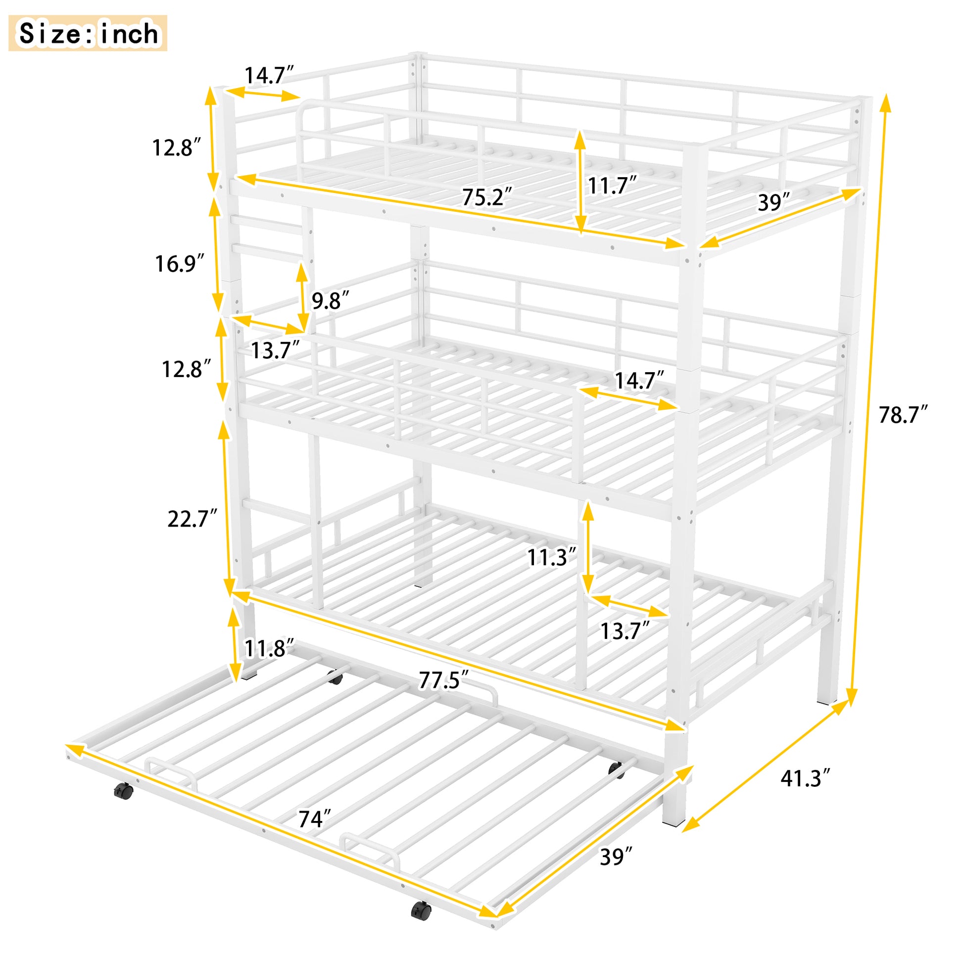 Emily Metal Twin Size Triple Bunk Bed With Trundle, White