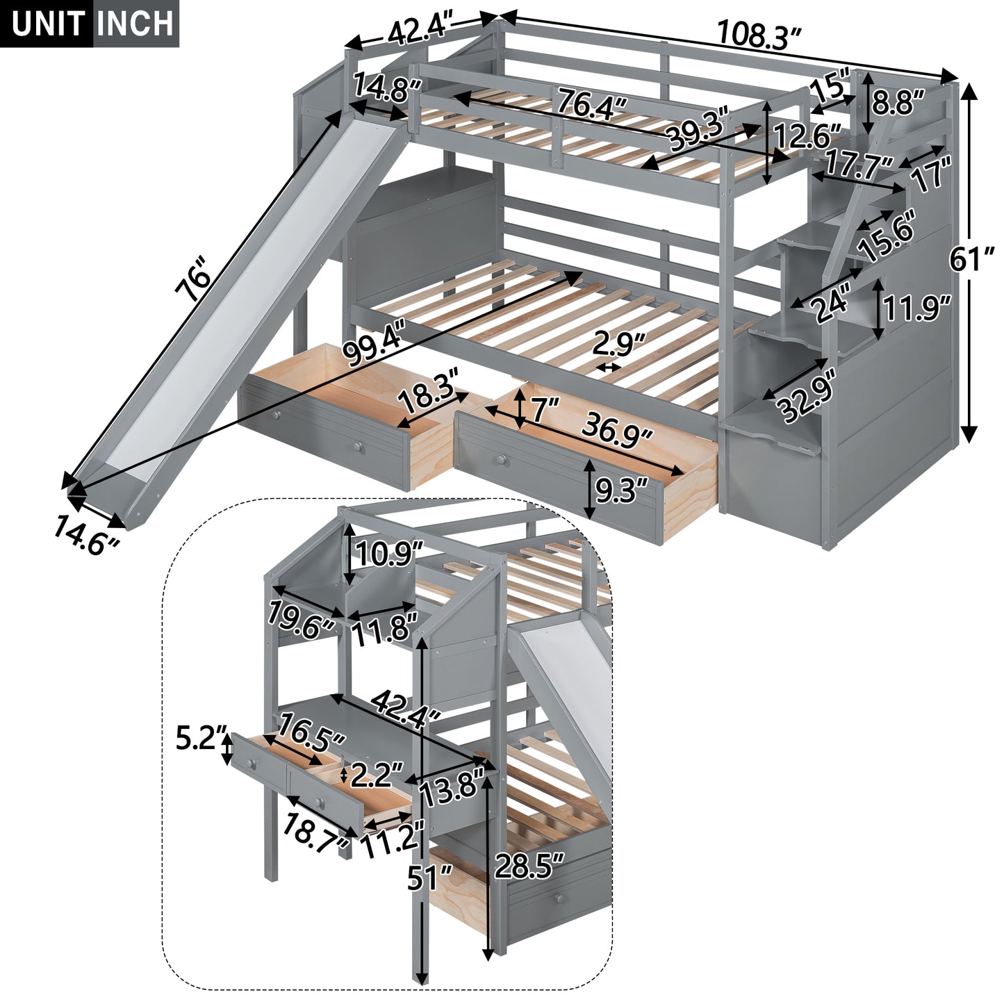 Foster Twin Bunk Bed with Desk & Slide, Gray