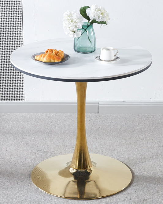 31.5"GOLDEN AND WHITE Tulip Table Mid-century Dining Table for 2-4 people With Round Mdf Table Top, Pedestal Dining Table, End Table Leisure Coffee Table,ceramic and MDF top