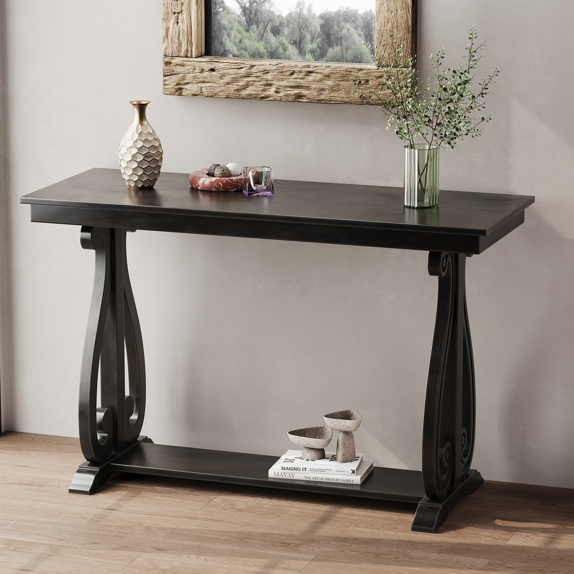 Zelene 48" Rustic Farmhouse Console Table with Lower Shelf, Black