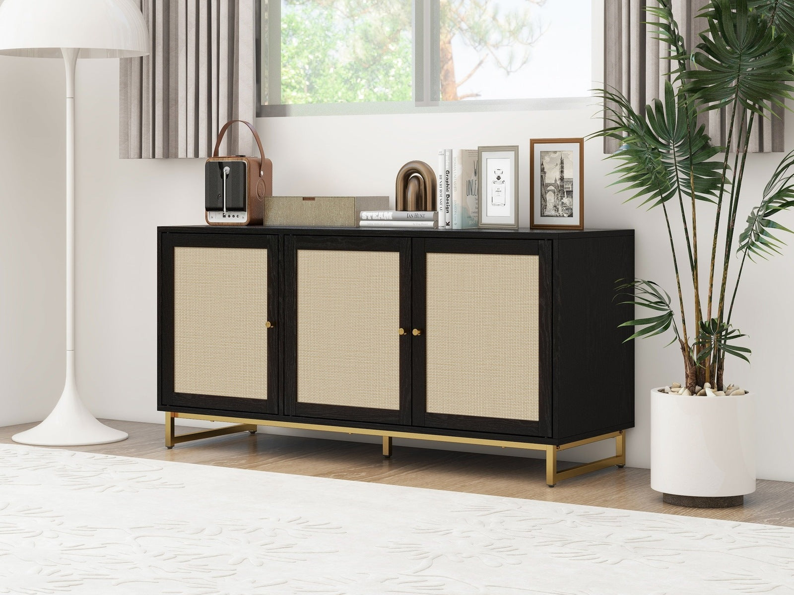 Allen Black & Natural Finish Accent Cabinet with Rattan Fronts