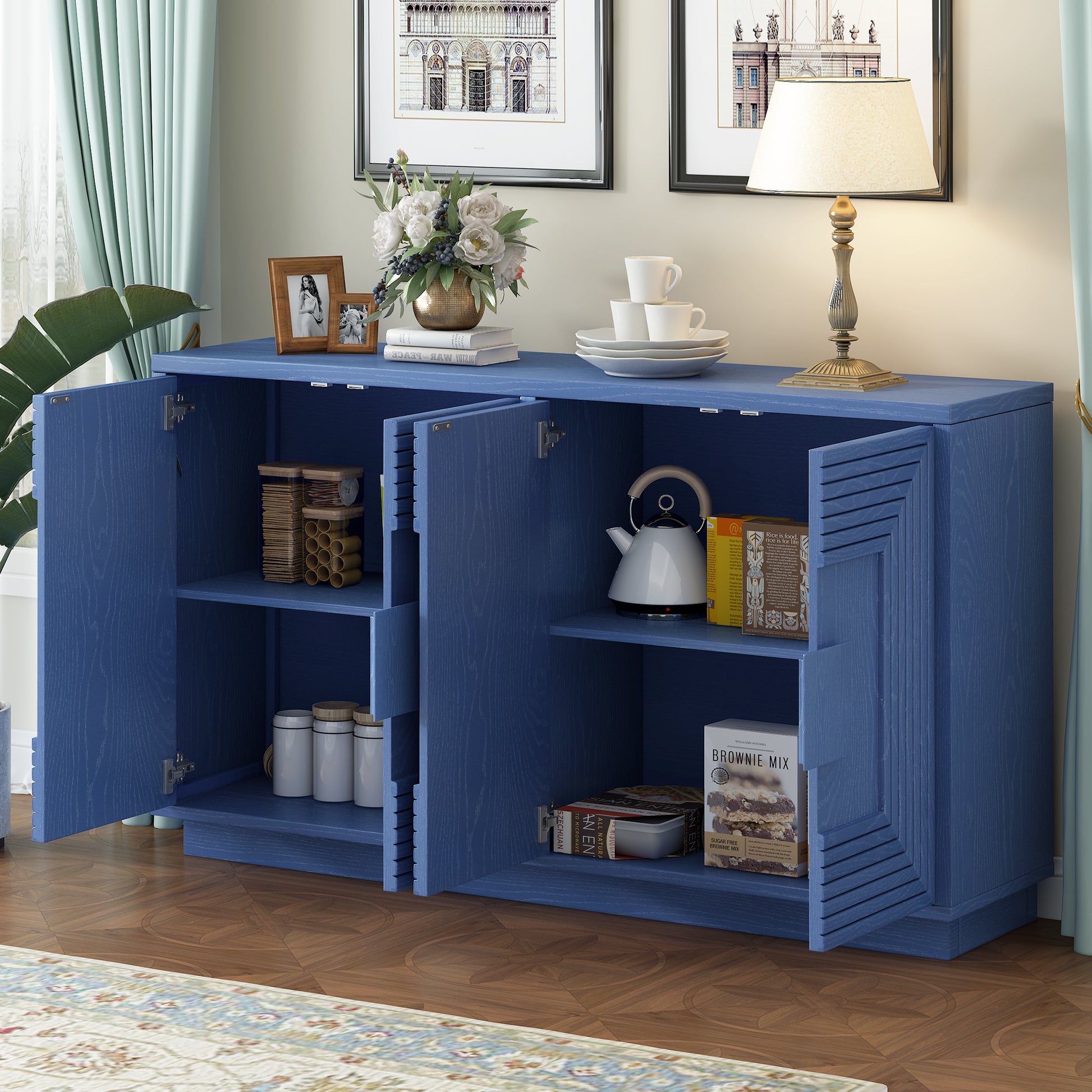 Galilee Vintage Distressed 4-Door Cabinet with Adjustable Shelves, Navy Blue