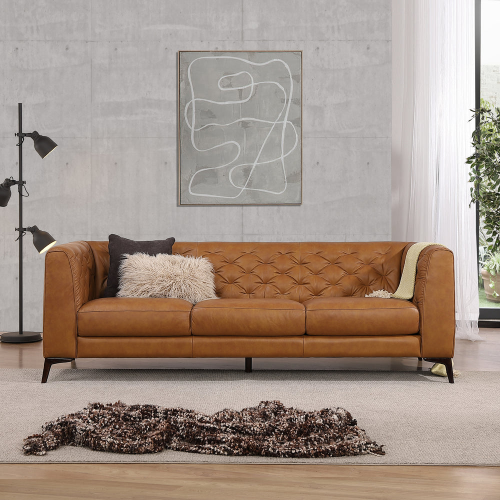 Fargo Top Grain Leather Tufted Sofa, Tan