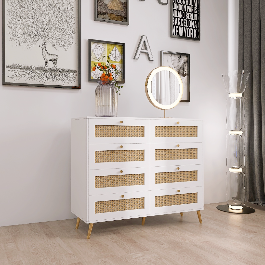 Whitney 8-Drawer Dresser with Rattan Drawer Fronts & Gold Legs