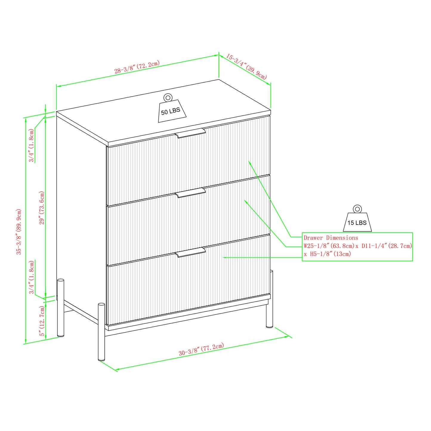 Lenora Mid-Century 3-Drawer Chest with Reeded Drawer Fronts, Mocha