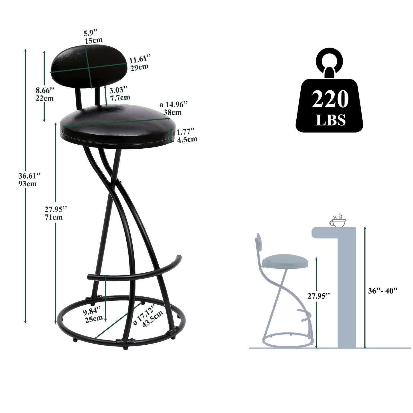 Vale Modern PU Leather Counter Height Bar Stools with Metal Legs, Black