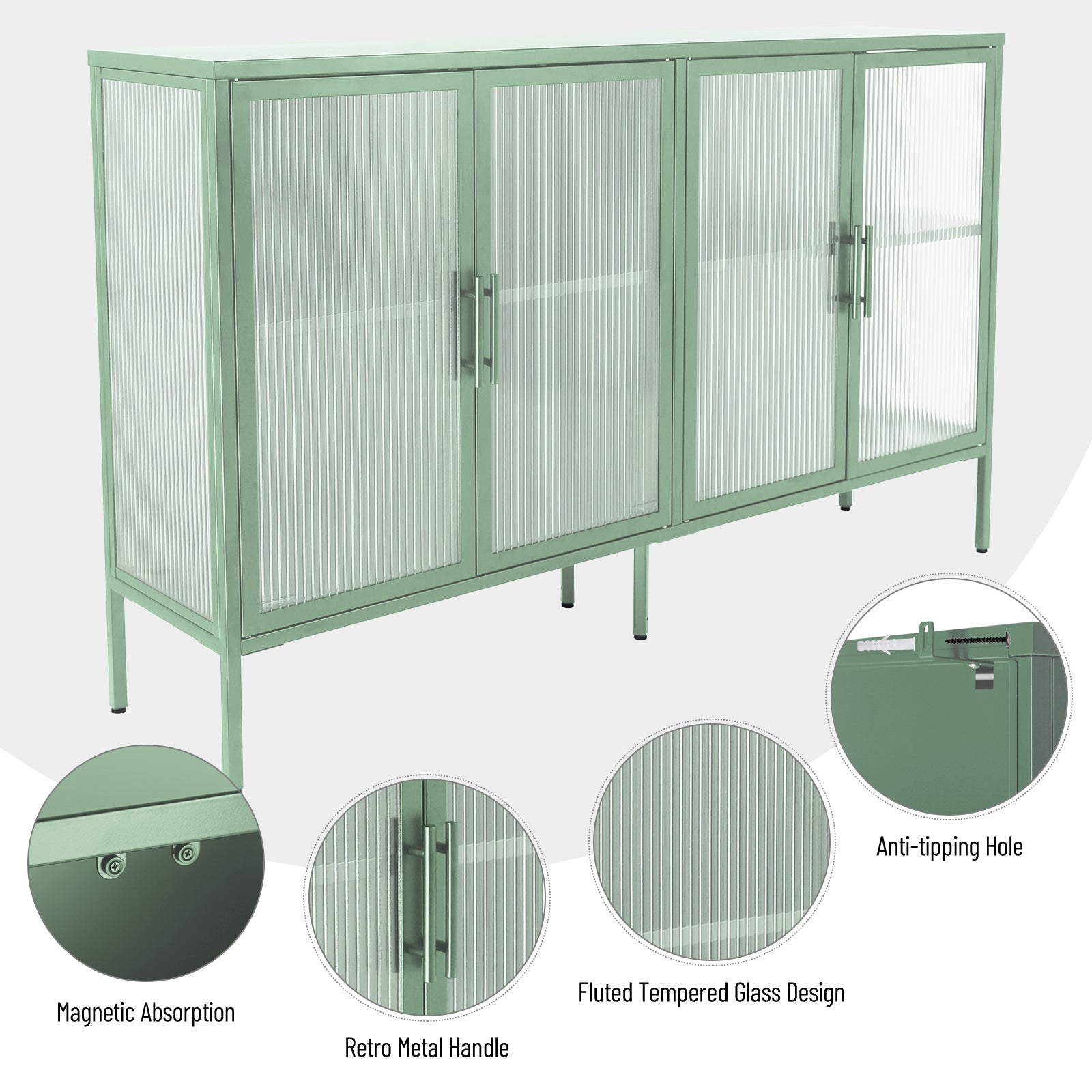 Zane 4-Door Metal Accent Cabinet with Tempered Glass Doors, Light Green