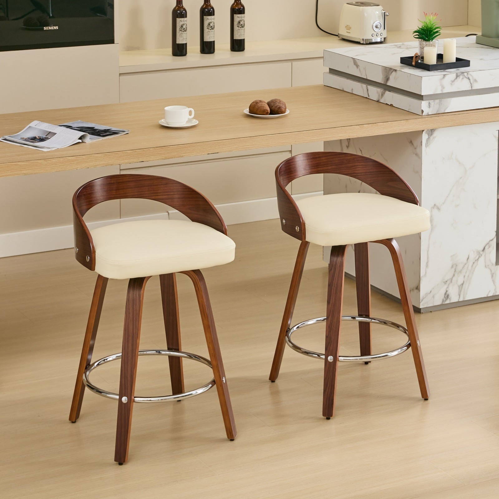 Sienna Beige Swivel Bar Stools with Low Back and Soft Cushion Seat, 25-Inch Height - Set of 2