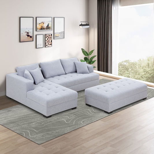 Justone Modern Tufted Sectional in Light Gray with Oversize Ottoman