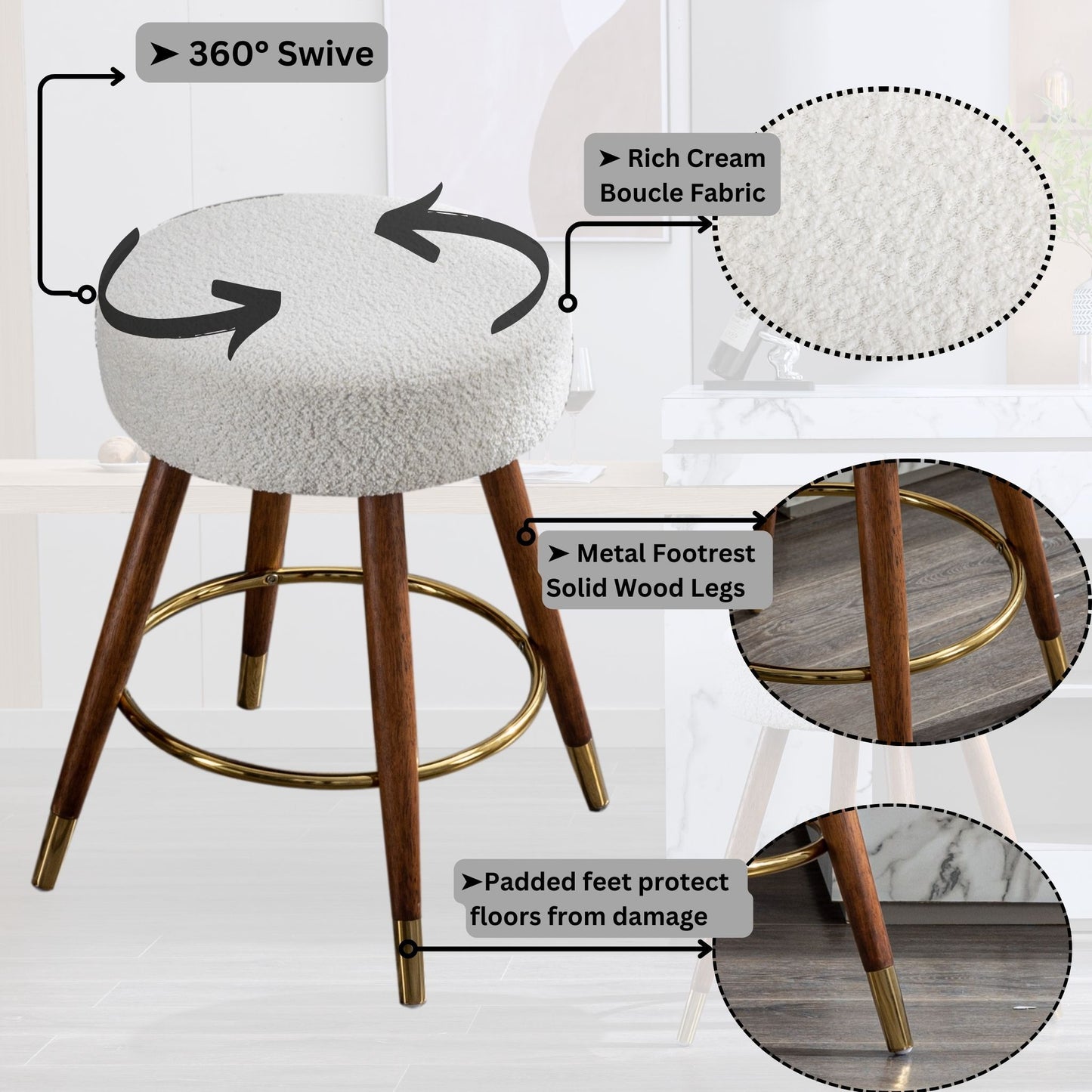 MoMo Boucle Upholstered Counter Height Stool, 360° Swivel