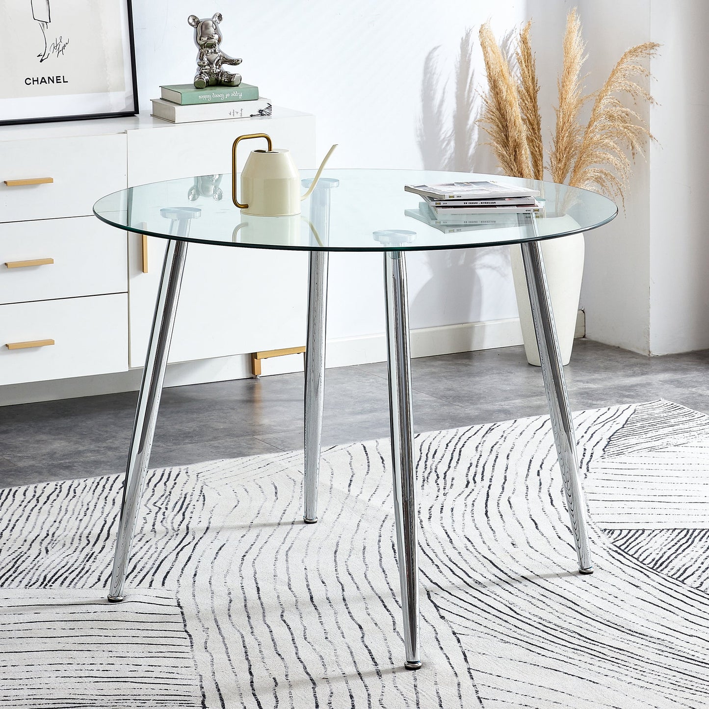 Carson Modern Round Glass Top Dining Table with Silver Legs