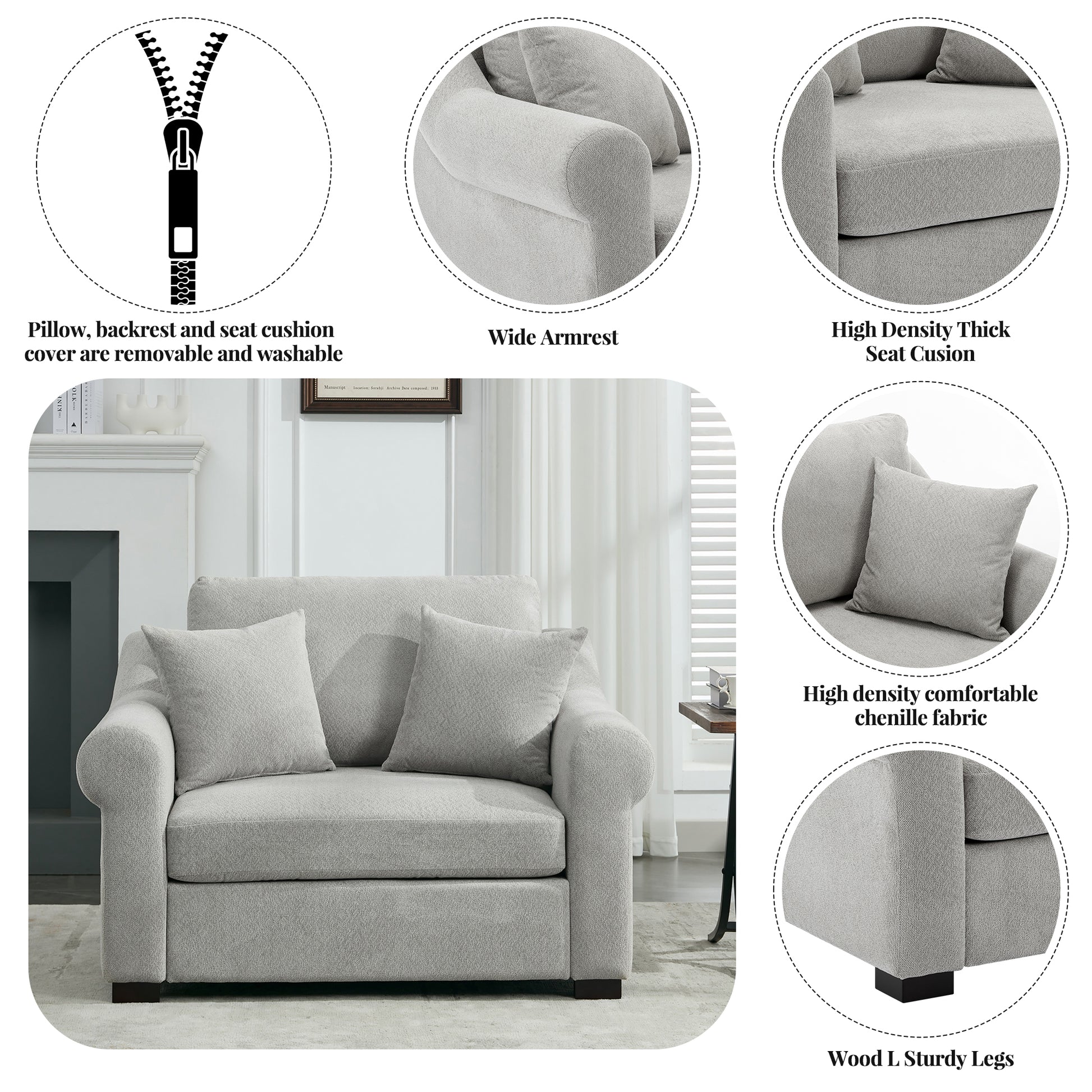 Una Modern Oversized Chenille Armchair with Pillows, Light Gray