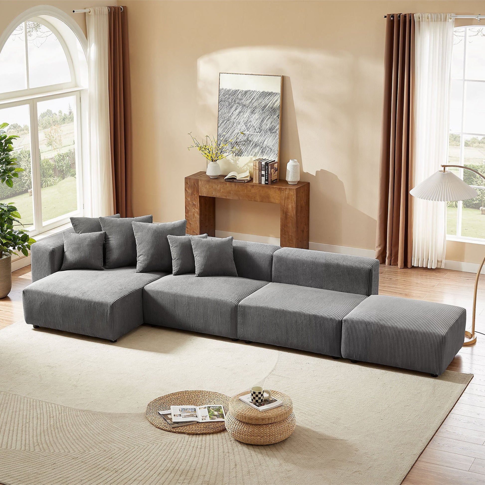 Garrick Modern Corduroy Upholstered 4-Piece Modular Sectional, Gray