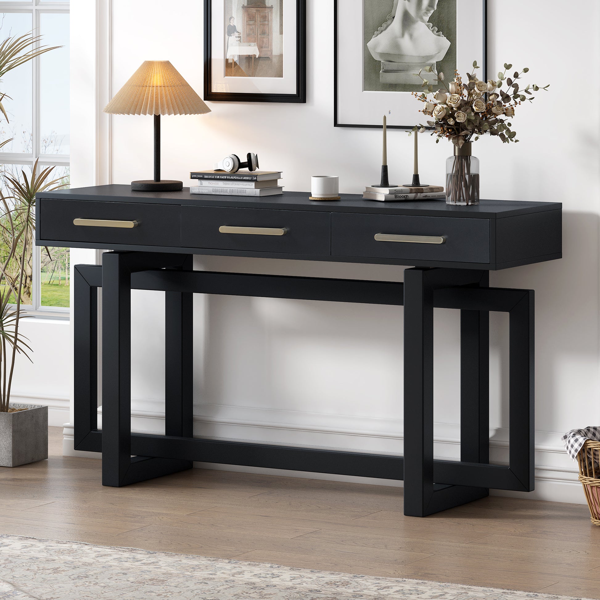 Aria Modern 3-Drawer Console Table, Black