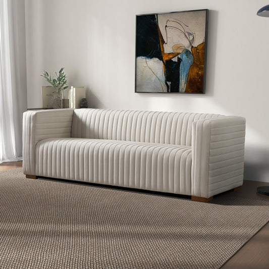 Elara Modern Channel Tufted Velvet Sofa, Cream