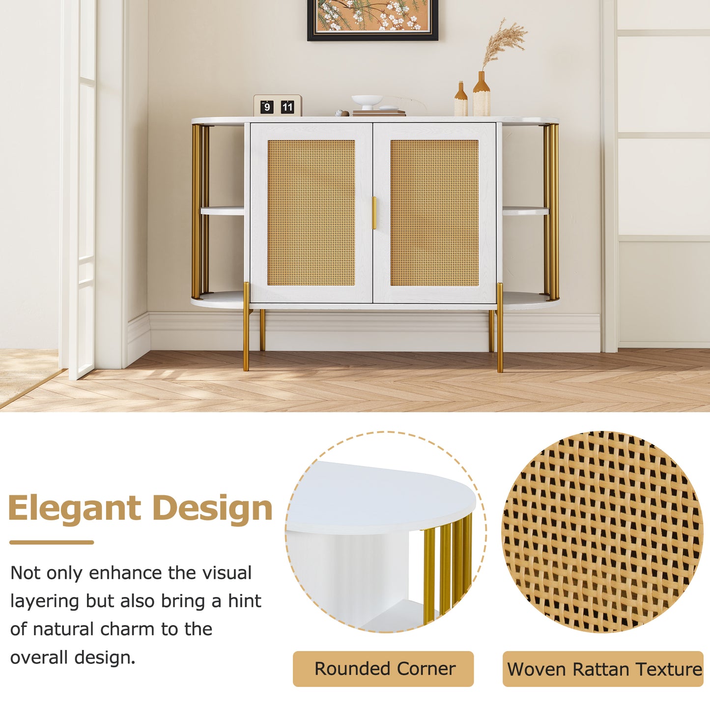 Dinara Elegant Curved Cabinet with Gold Trim & Rattan Doors, White